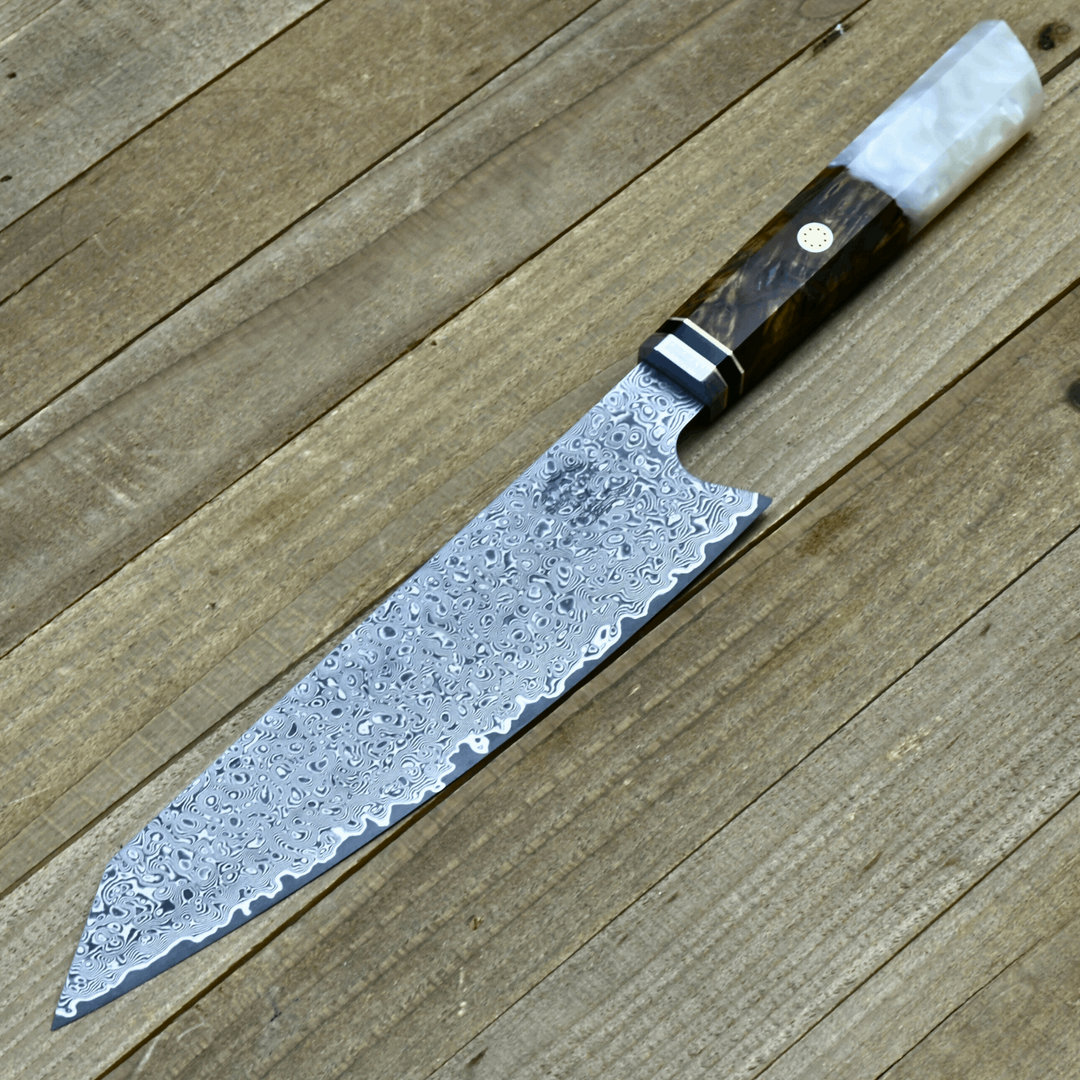 Chef Knife - Aurora VG10 Damascus Steel Knife with Exotic Olive Wood Burl & Mother of Pearl Handle - Shokunin USA