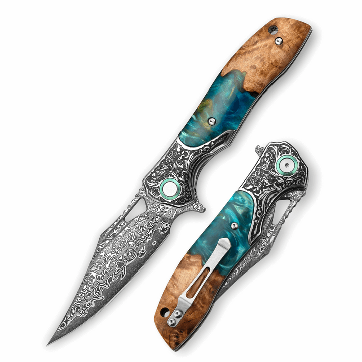 Ares VG10 Damascus Pocket Knife with Olive Burl Wood & Resin Handle