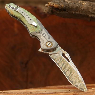 Atlas Gentleman's Copper Damascus Pocket Knife with Maple Burl Wood Handle and Sheath