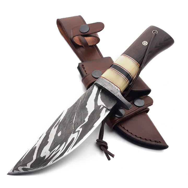 Camp Knife - Nova Damascus Hunting Knife with Bone & Exotic Wenge Wood Handle - Shokunin USA