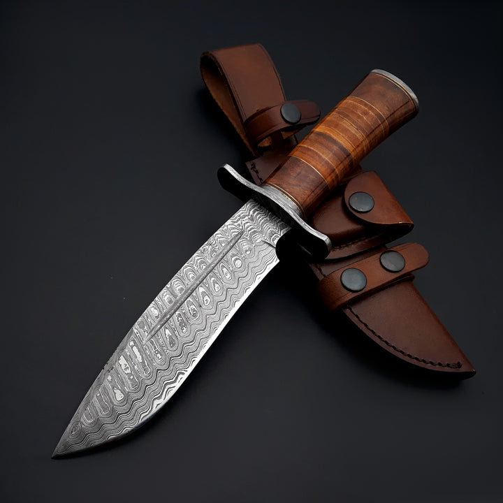 Utility Knife - Rambo Damascus Bowie Knife with Exotic Rosewood & Stacked Leather Handle - Shokunin USA