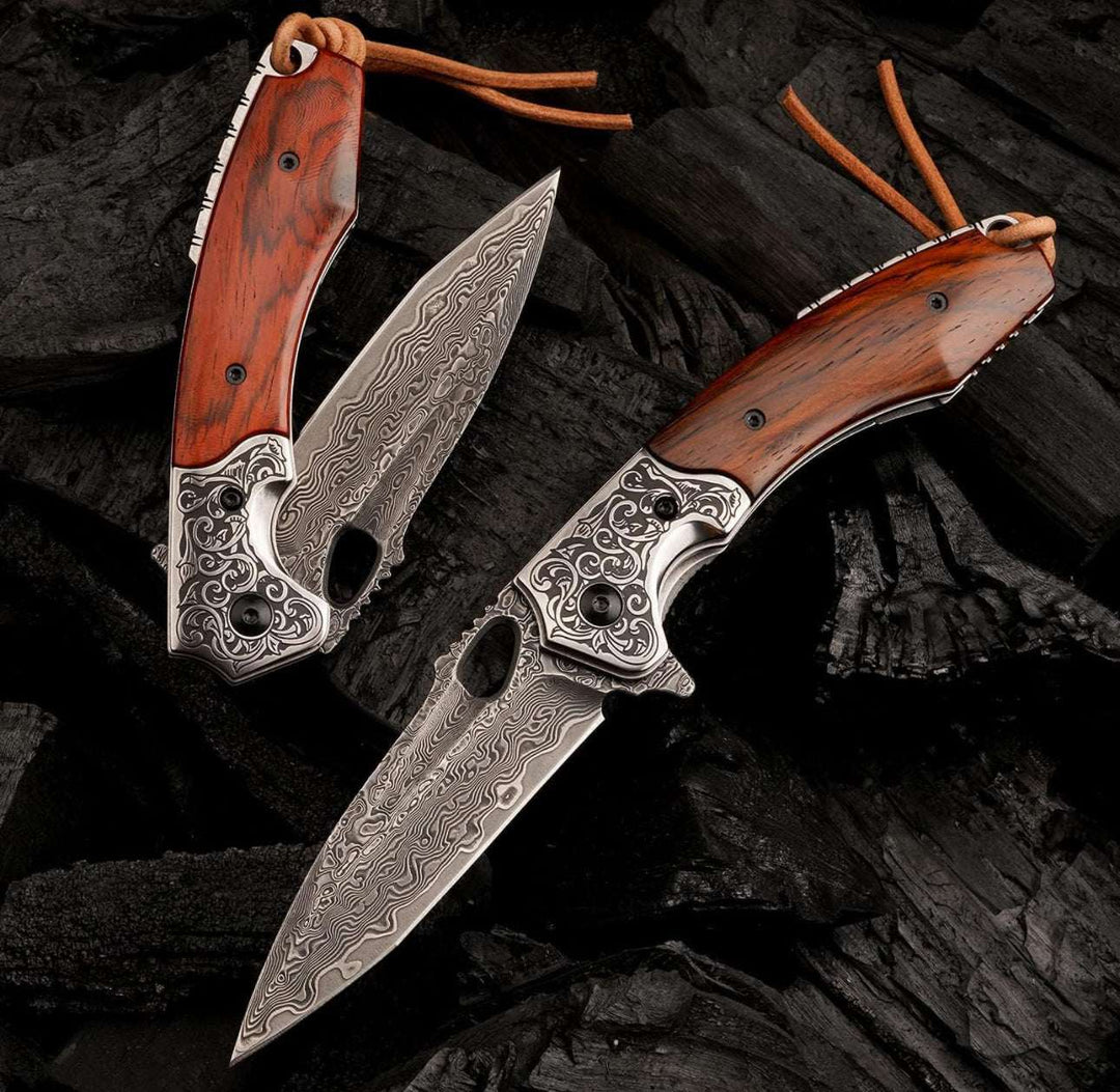 Starchaser Knives - Starchaser Japanese Damascus Pocket Knife with Exotic Sandal Wood Handle - Shokunin USA