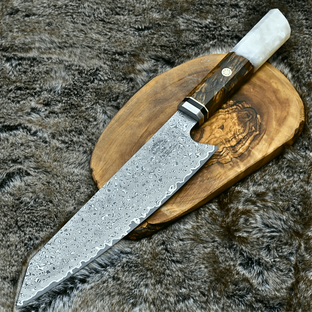 Chef Knife - Aurora VG10 Damascus Steel Knife with Exotic Olive Wood Burl & Mother of Pearl Handle - Shokunin USA