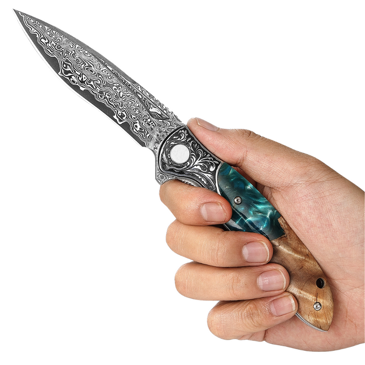 Pocket Knife - Helios Japanese Damascus Pocket Knife VG-10 with Exotic Stabilized Olive Burl Wood Handle - Shokunin USA