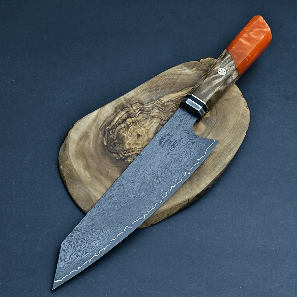 Chef knife - Aurora VG10 Damascus Chef Knife with Exotic Olive Wood Burl & Orange Pearl Resin Handle - Shokunin USA