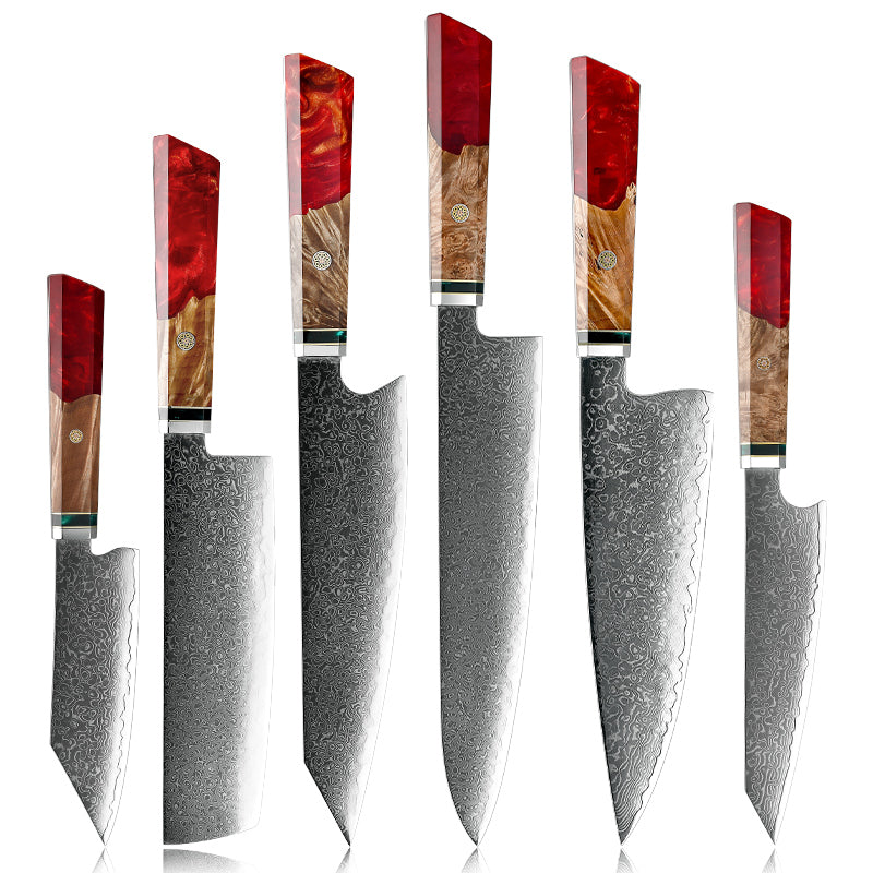 chef knife set - Fury Knife Set 6 Piece VG10 Damascus Steel with Exotic Maple Burl Wood & Resin Handle - Shokunin USA