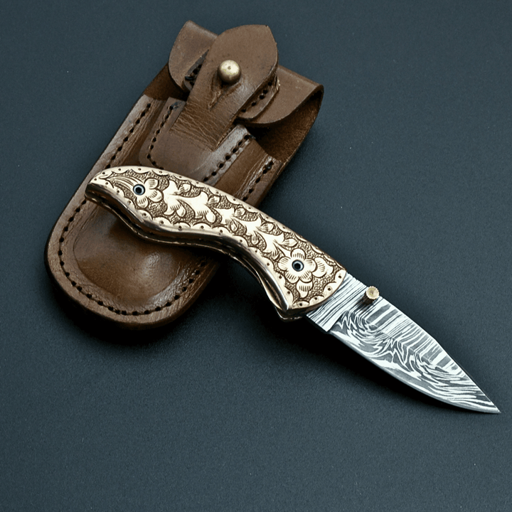 Utility Knife - Pixel Copper Damascus Pocket Knife with Engraved Copper Handle - Shokunin USA