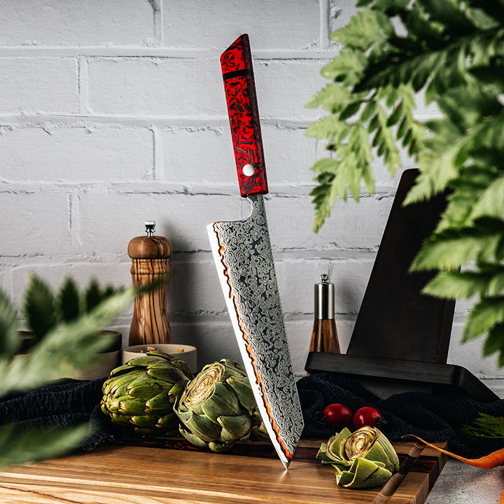 Chef knife - Epical Japanese Chef Knife Copper Damascus Steel Blade with Carbon Fiber Handle and Sheath - Shokunin USA