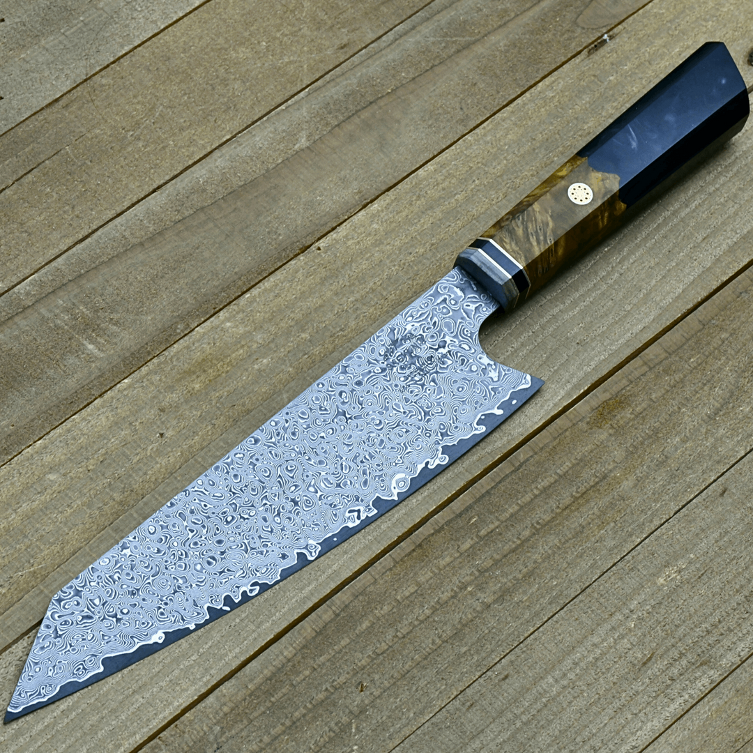 Chef knife - Aurora VG10 Damascus Knife with Olive Wood Burl & Black Pearl Resin Handle - Shokunin USA