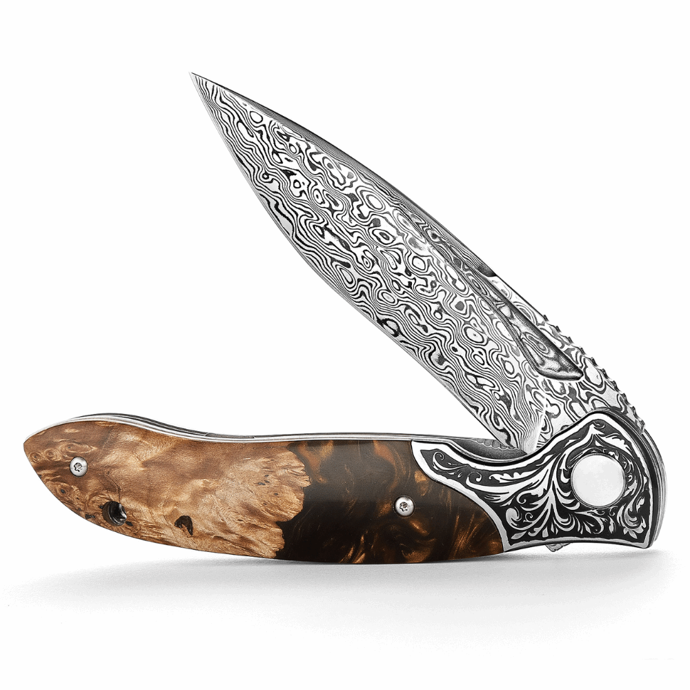 Pocket Knife - Demeter VG10 Damascus Pocket Knife with Exotic Olive Burl & Resin Handle - Shokunin USA