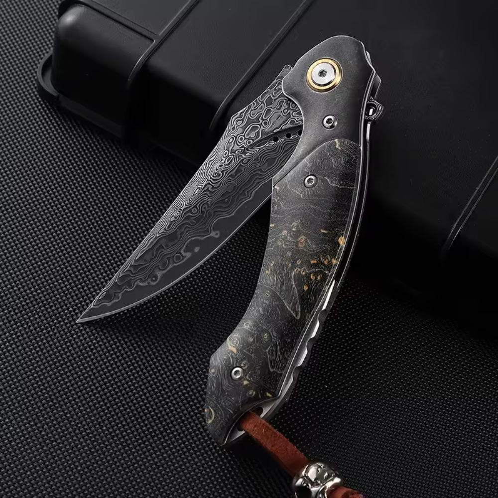 Utility Knife - Venom Japanese Damascus Pocket Knife with Stained Maple Burl Wood Handle - Shokunin USA