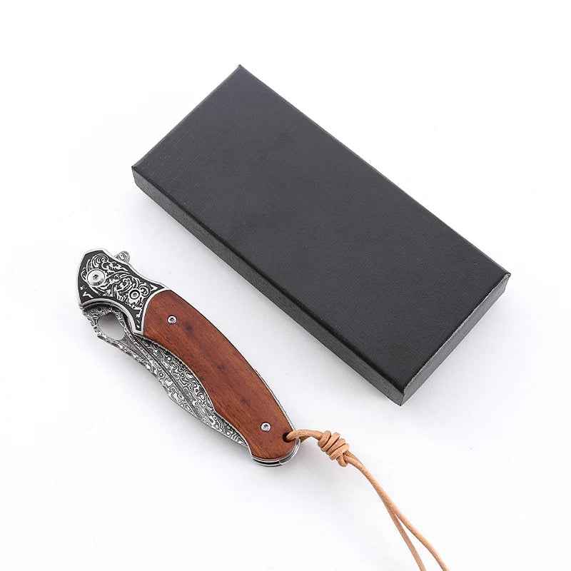 custom pocket knife with sandal wood handle - Meteor Engraved Damascus Steel Pocket Knife with Exotic Red Sandal Wood Handle - Shokunin USA