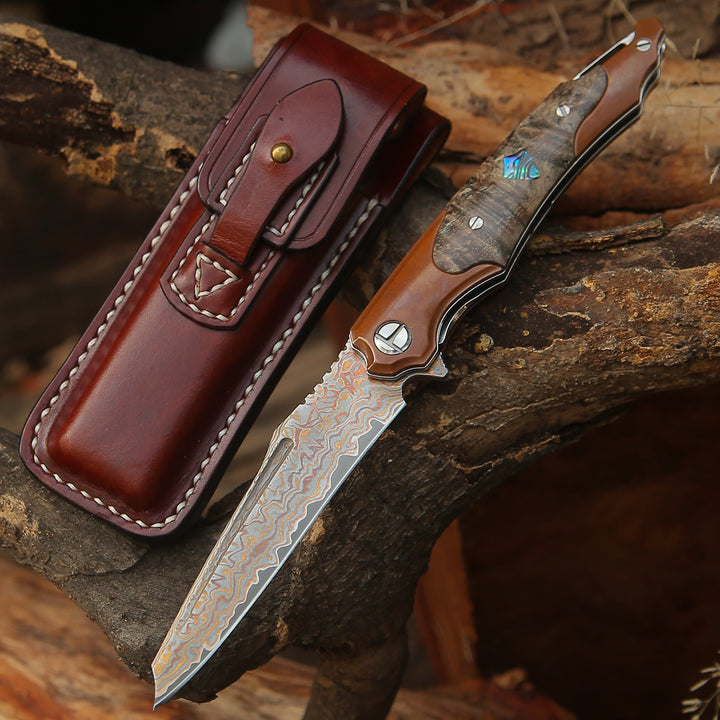 Elite Handmade Japanese VG-10 Copper Damascus Pocket Knife with Stained Maple Burl Handle & Sheath