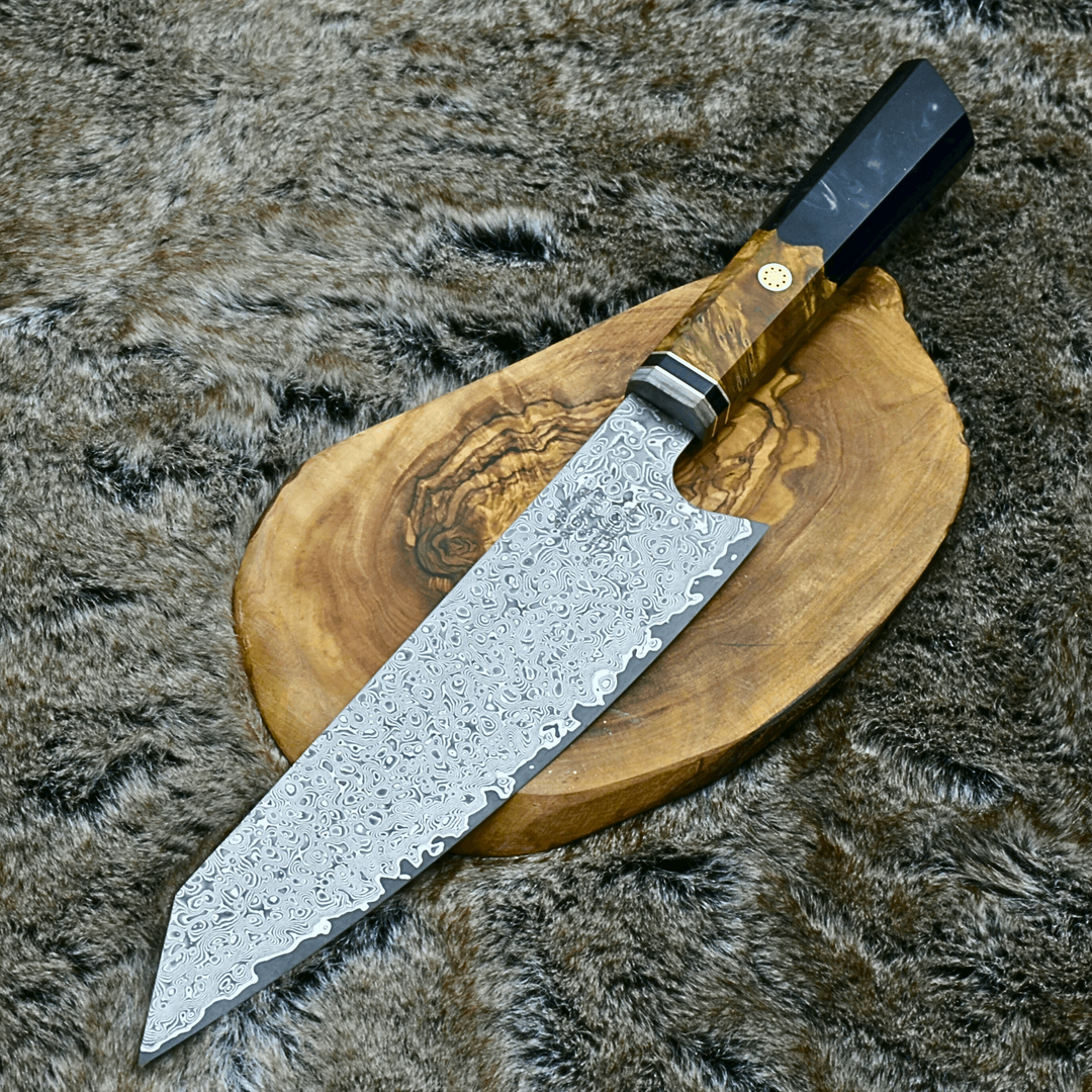 Chef knife - Aurora VG10 Damascus Knife with Olive Wood Burl & Black Pearl Resin Handle - Shokunin USA