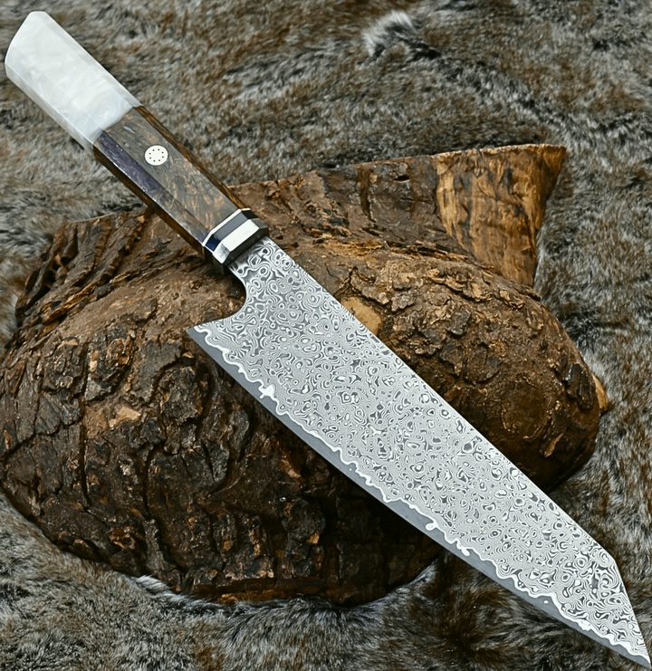 Chef Knife - Aurora VG10 Damascus Steel Knife with Exotic Olive Wood Burl & Mother of Pearl Handle - Shokunin USA