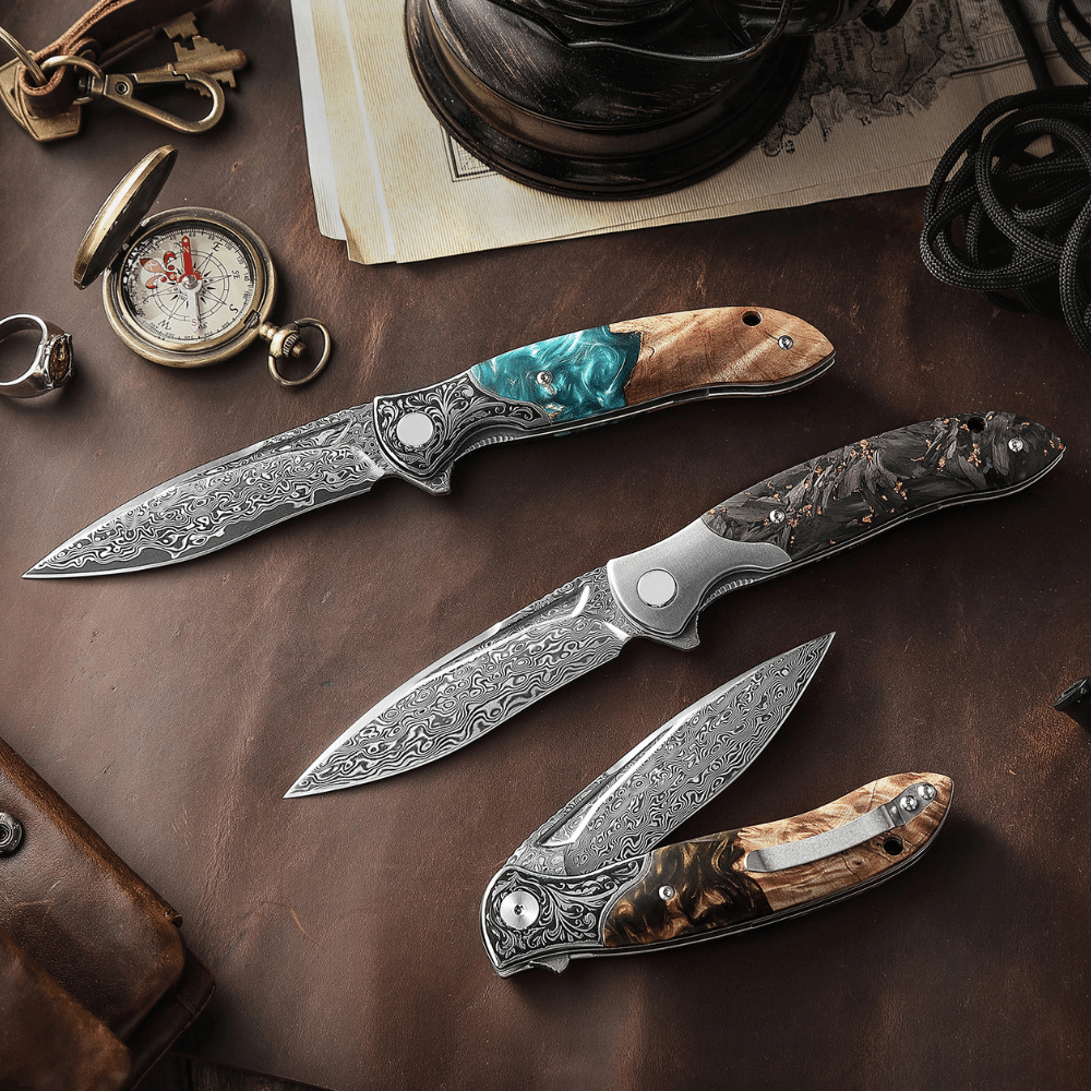 Damascus Knife - Raven VG10 Ultralight Folding Pocket Knife with Titanium & Carbon Fiber Handle - Shokunin USA