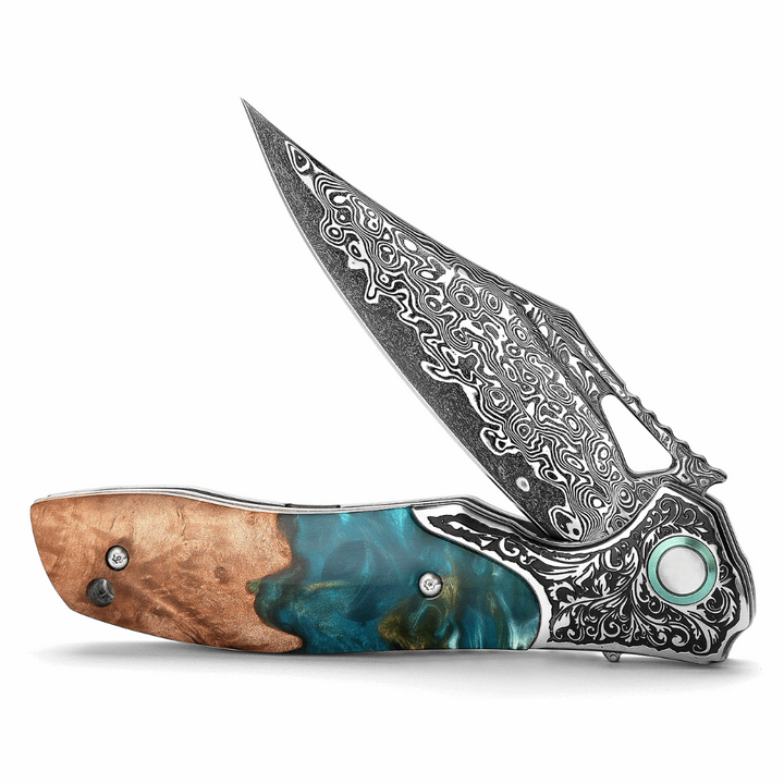 Ares VG10 Damascus Pocket Knife with Olive Burl Wood & Resin Handle