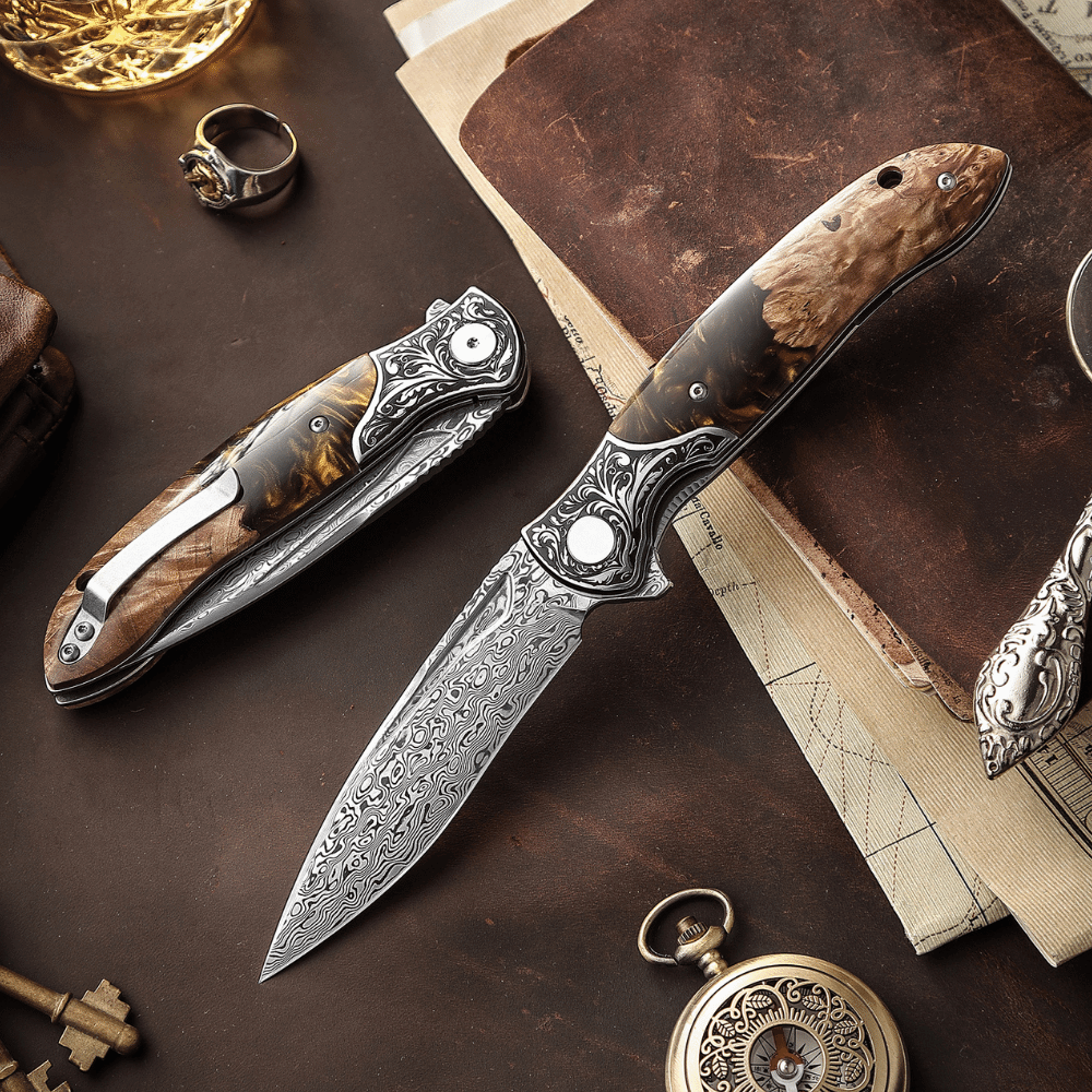 Pocket Knife - Demeter VG10 Damascus Pocket Knife with Exotic Olive Burl & Resin Handle - Shokunin USA