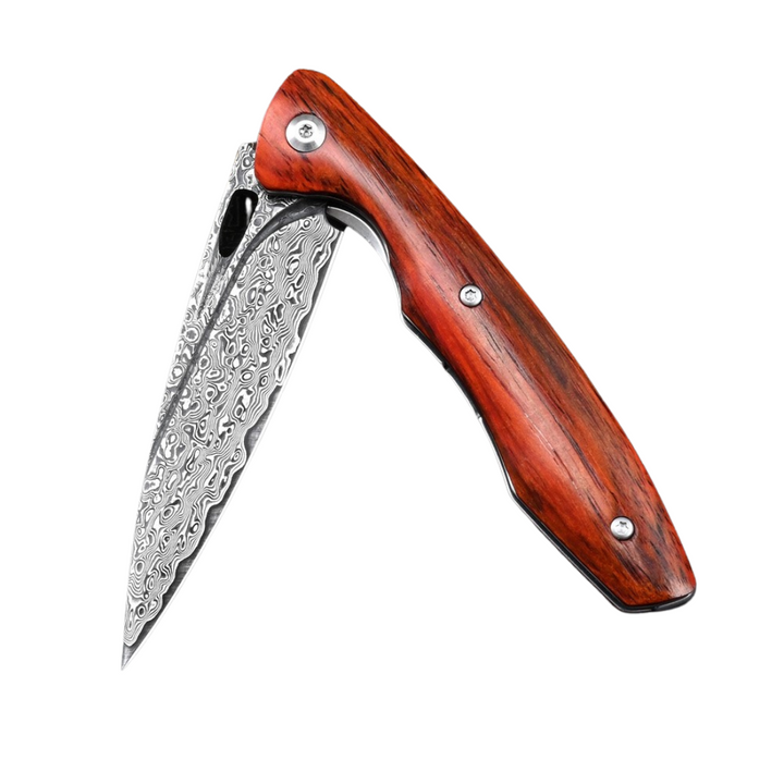 Quicksilver Skinning Knife - Quicksilver Handmade Japanese Damascus Pocket Knife with Exotic Red Sandalwood Handle - Shokunin USA