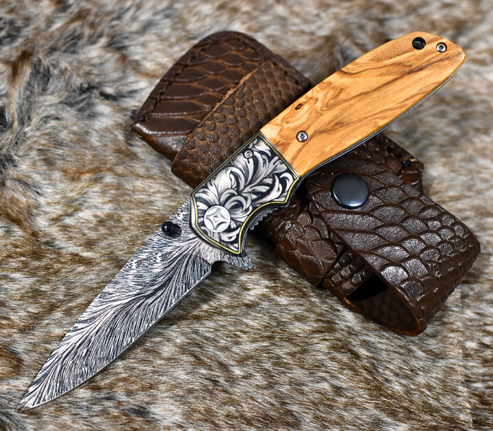 Pocket Knives - Vertex Damascus Pattern Pocket Knife with Exotic Olive Wood Handle - Shokunin USA