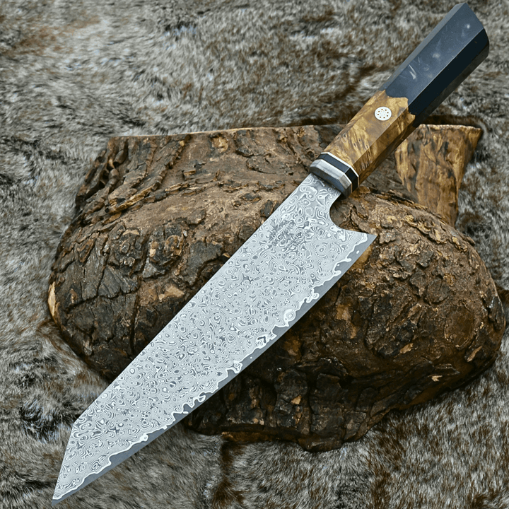 traditional handmade kitchen knives - Aurora Japanese Chef Knife with Exotic Olive Burl Wood &amp; Resin Composite Handle - Shokunin USA
