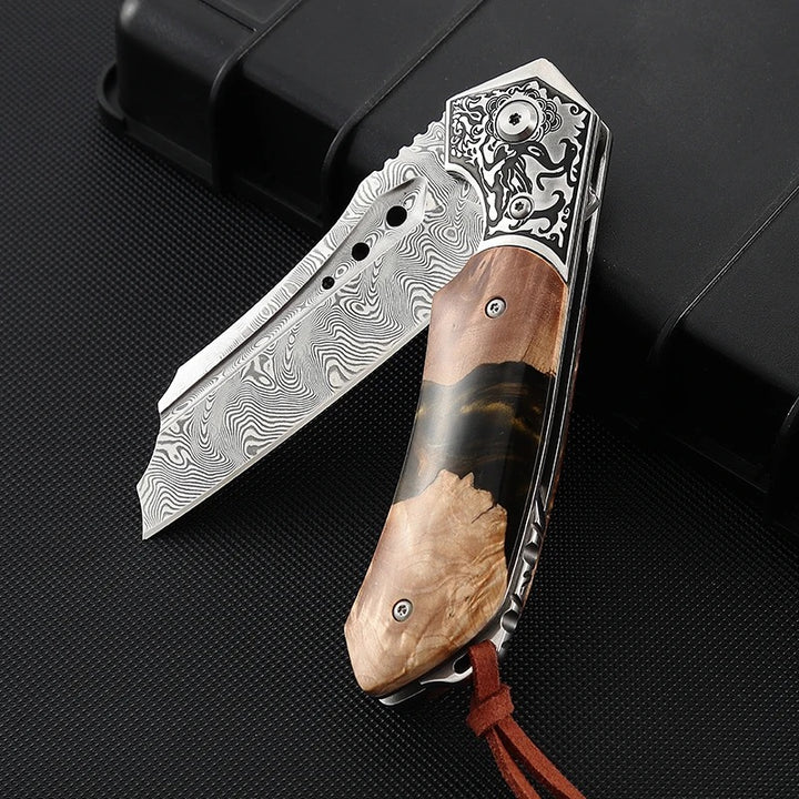 Gentleman's folder with case - Volver Damascus Pocket Knife with Exotic Olive Burl Wood & Resin Handle - Shokunin USA