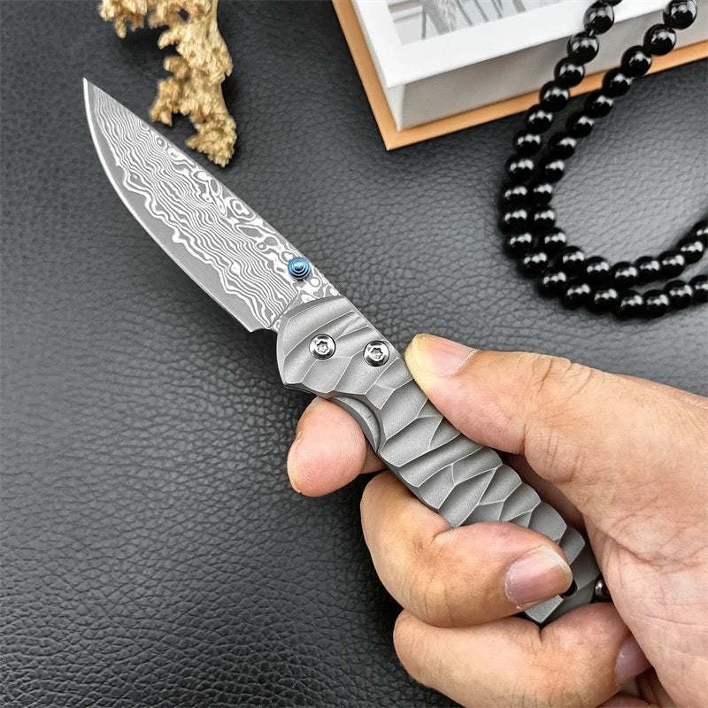 EDC Knife - Diamond Japanese EDC Pocket Knife with VG10 Damascus Blade, Titanium Handle & Sheath - Shokunin USA