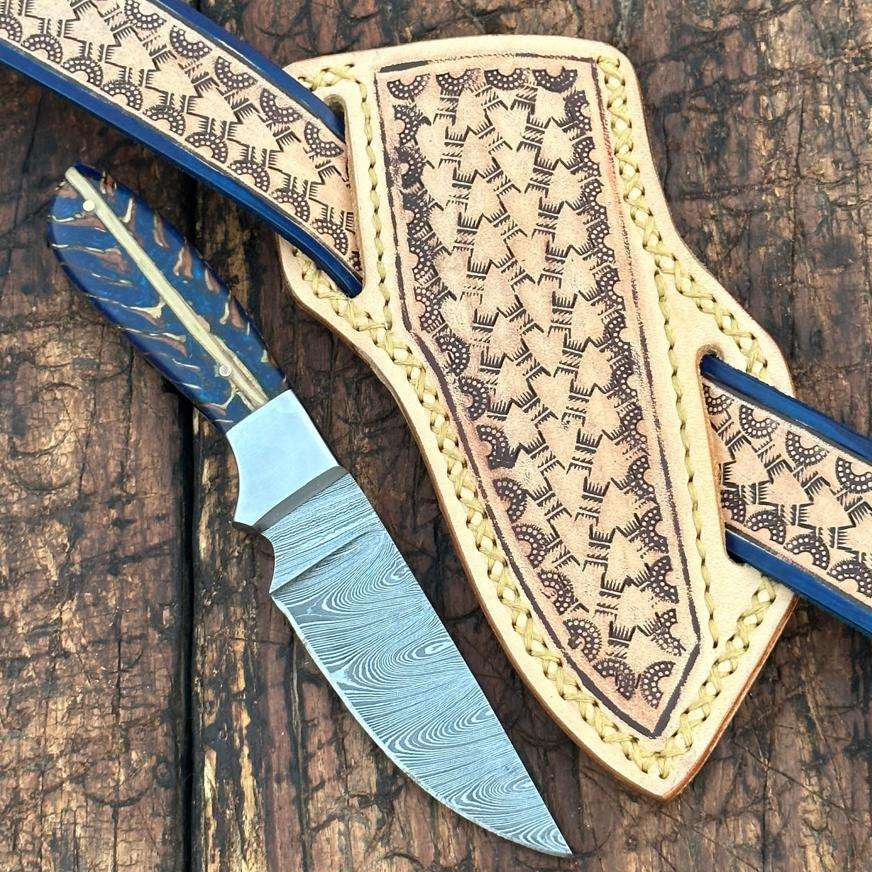 Fixed blade knife. - Rio Grande Damascus Skinner Knife with Handtooled Sheath &amp; Belt - Shokunin USA