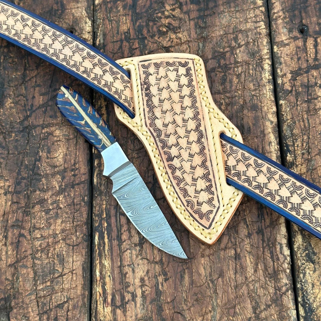 Fixed blade knife. - Damascus Skinner Knife with Handtooled Sheath & Belt - Shokunin USA