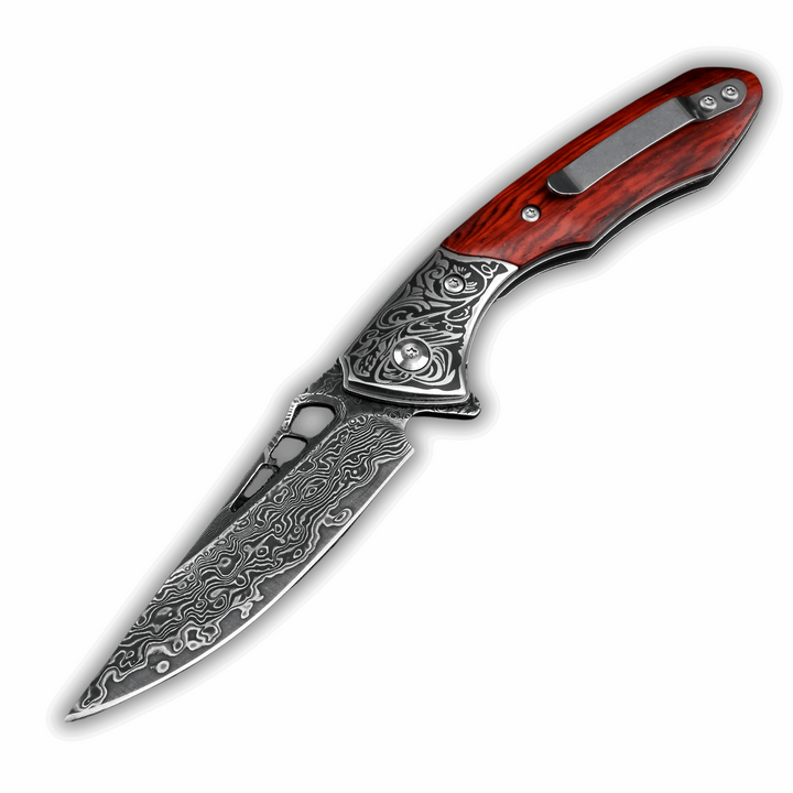 VG10 Damascus Pocket knife - Artemis VG10 Damascus Pocket Knife with Clip & Exotic Red Sandal Wood Handle - Shokunin USA