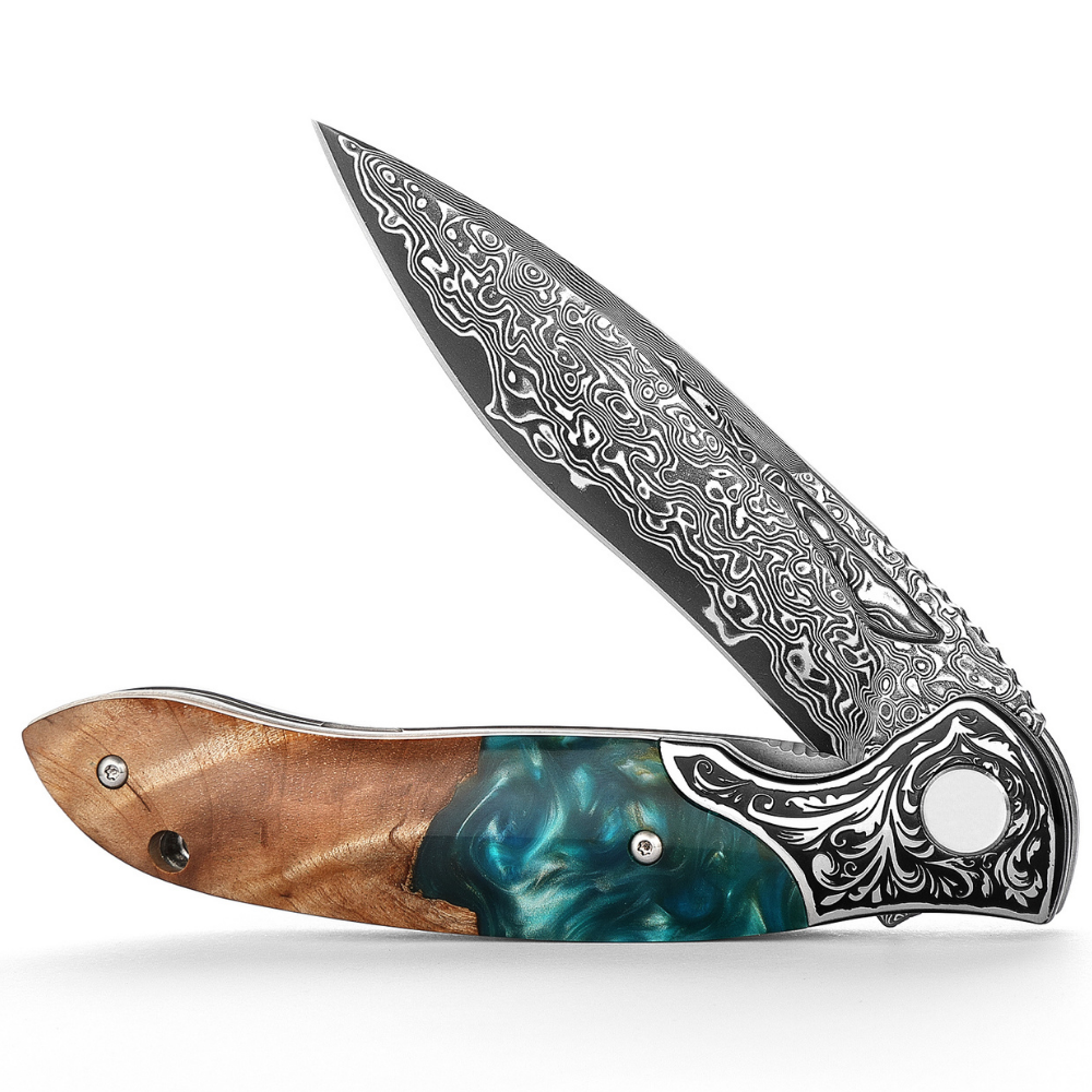 Pocket Knife - Helios Japanese Damascus Pocket Knife VG-10 with Exotic Stabilized Olive Burl Wood Handle - Shokunin USA