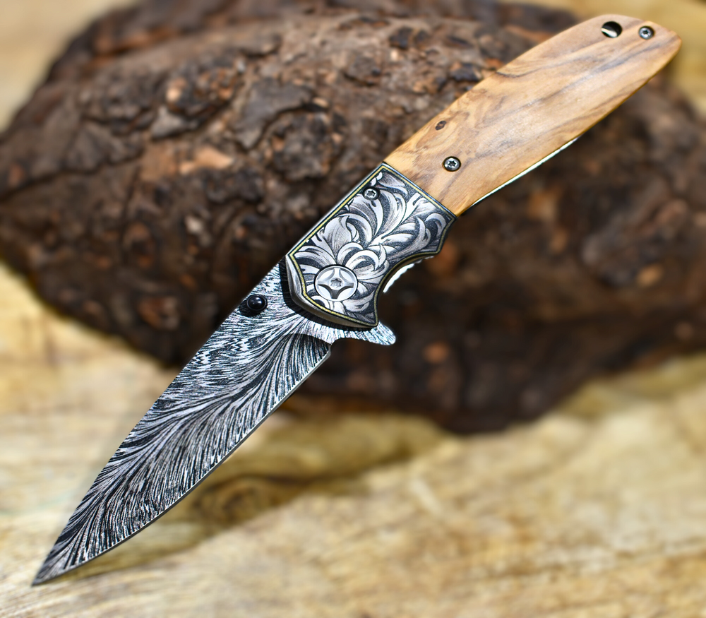 Pocket Knives - Vertex Damascus Pattern Pocket Knife with Exotic Olive Wood Handle - Shokunin USA