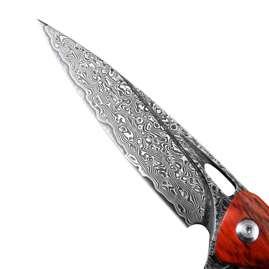 Damascus Knife - Quicksilver Handmade Japanese Damascus Pocket Knife with Exotic Red Sandalwood Handle - Shokunin USA