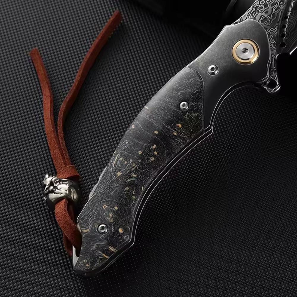 Utility Knife - Venom Japanese Damascus Pocket Knife with Stained Maple Burl Wood Handle - Shokunin USA