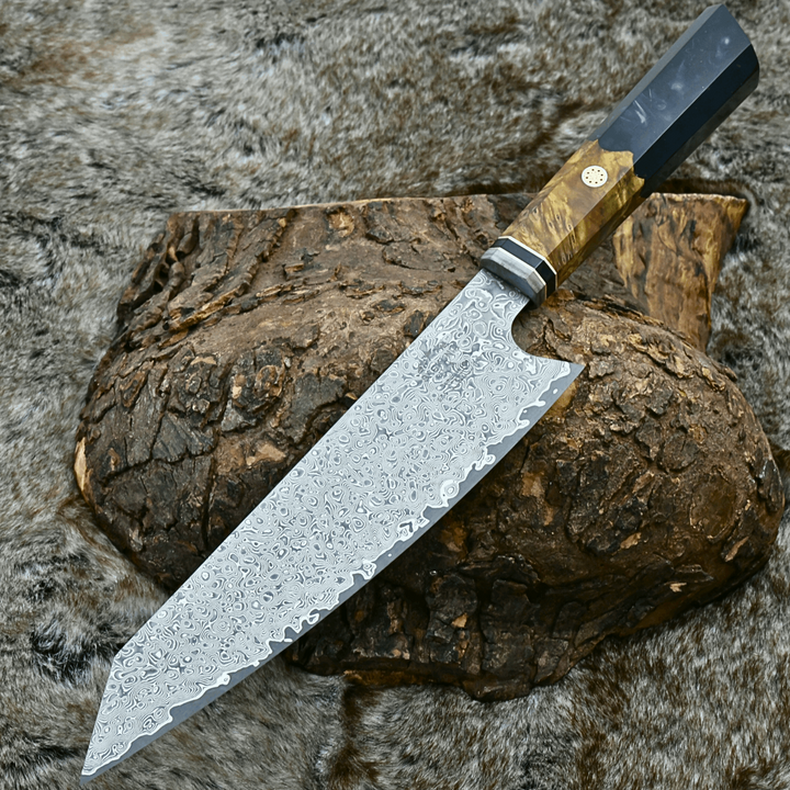 Chef knife - Aurora VG10 Damascus Knife with Olive Wood Burl & Black Pearl Resin Handle - Shokunin USA