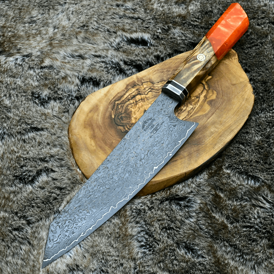 Chef knife - Aurora VG10 Damascus Chef Knife with Exotic Olive Wood Burl & Orange Pearl Resin Handle - Shokunin USA