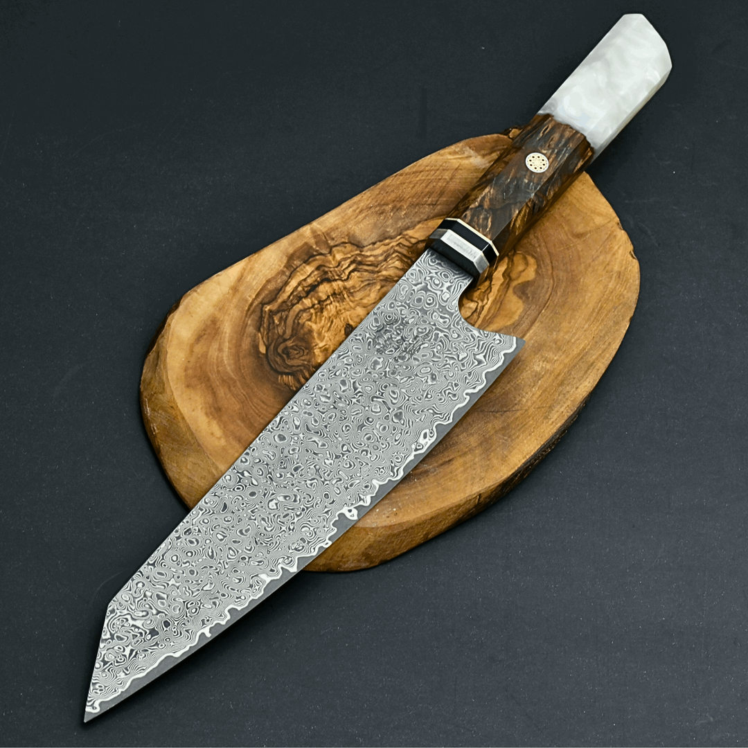 Aurora Personalized Knife - Aurora Japanese Chef Knife with Exotic Olive Burl Wood & Mother of Pearl Handle - Shokunin USA