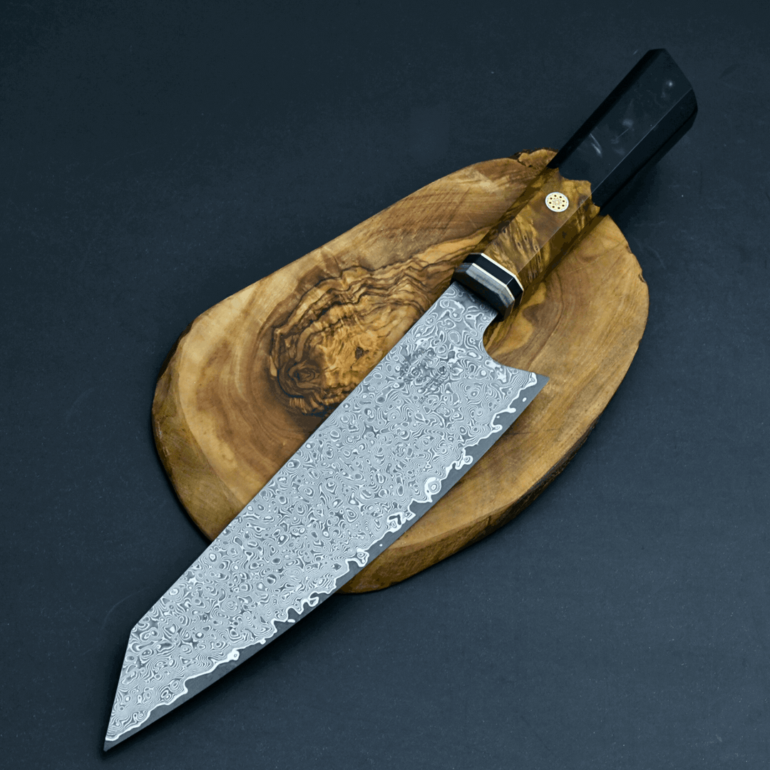 unique handmade kitchen knives - Aurora Japanese Chef Knife with Exotic Olive Burl Wood &amp; Resin Composite Handle - Shokunin USA