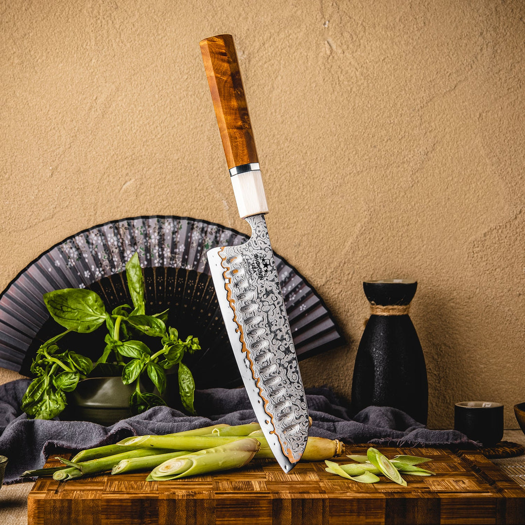 vegetable knives for collectors - Raiden Handmade Japanese Santoku Knife - Exotic Rosewood Burl Composite Handle - Shokunin USA