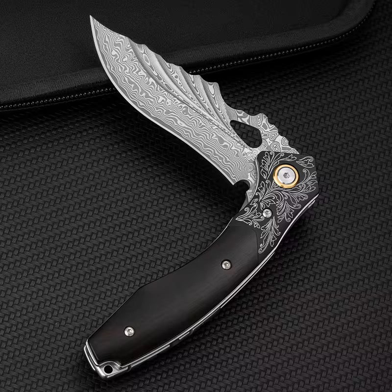 Damascus Knife - Specter Handmade Japanese VG10 Damascus Pocket Knife with Sheath &amp; Ebony Wood Handle - Shokunin USA