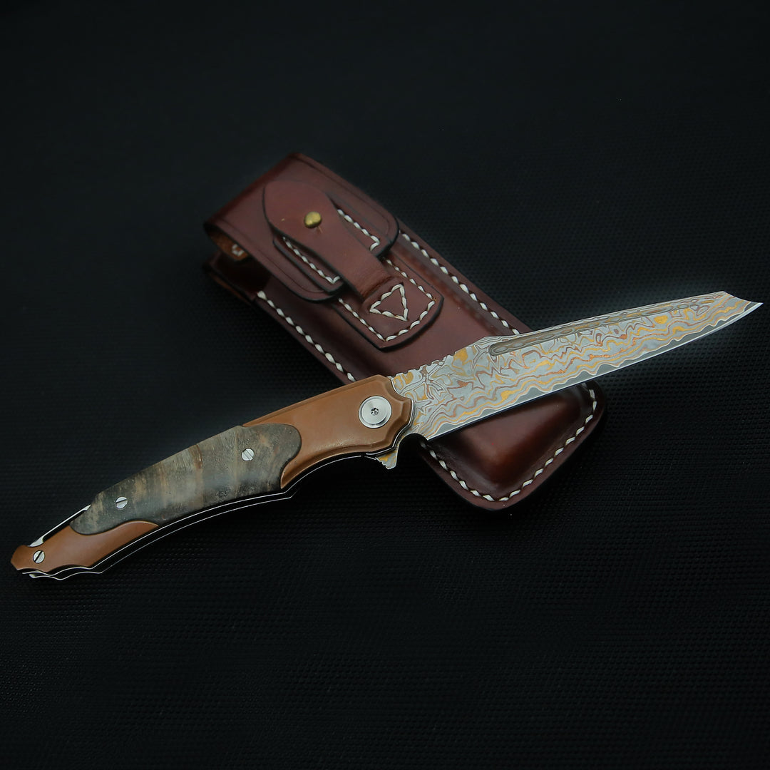 Elite Handmade Japanese VG-10 Copper Damascus Pocket Knife with Stained Maple Burl Handle & Sheath