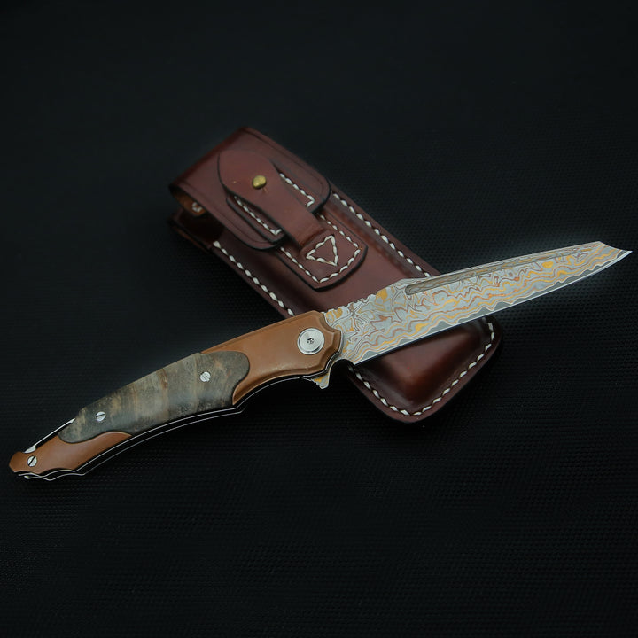 Elite Handmade Japanese VG-10 Copper Damascus Pocket Knife with Stained Maple Burl Handle & Sheath