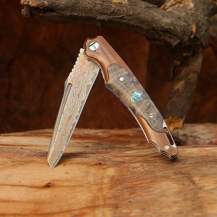 Elite Handmade Japanese VG-10 Copper Damascus Pocket Knife with Stained Maple Burl Handle & Sheath