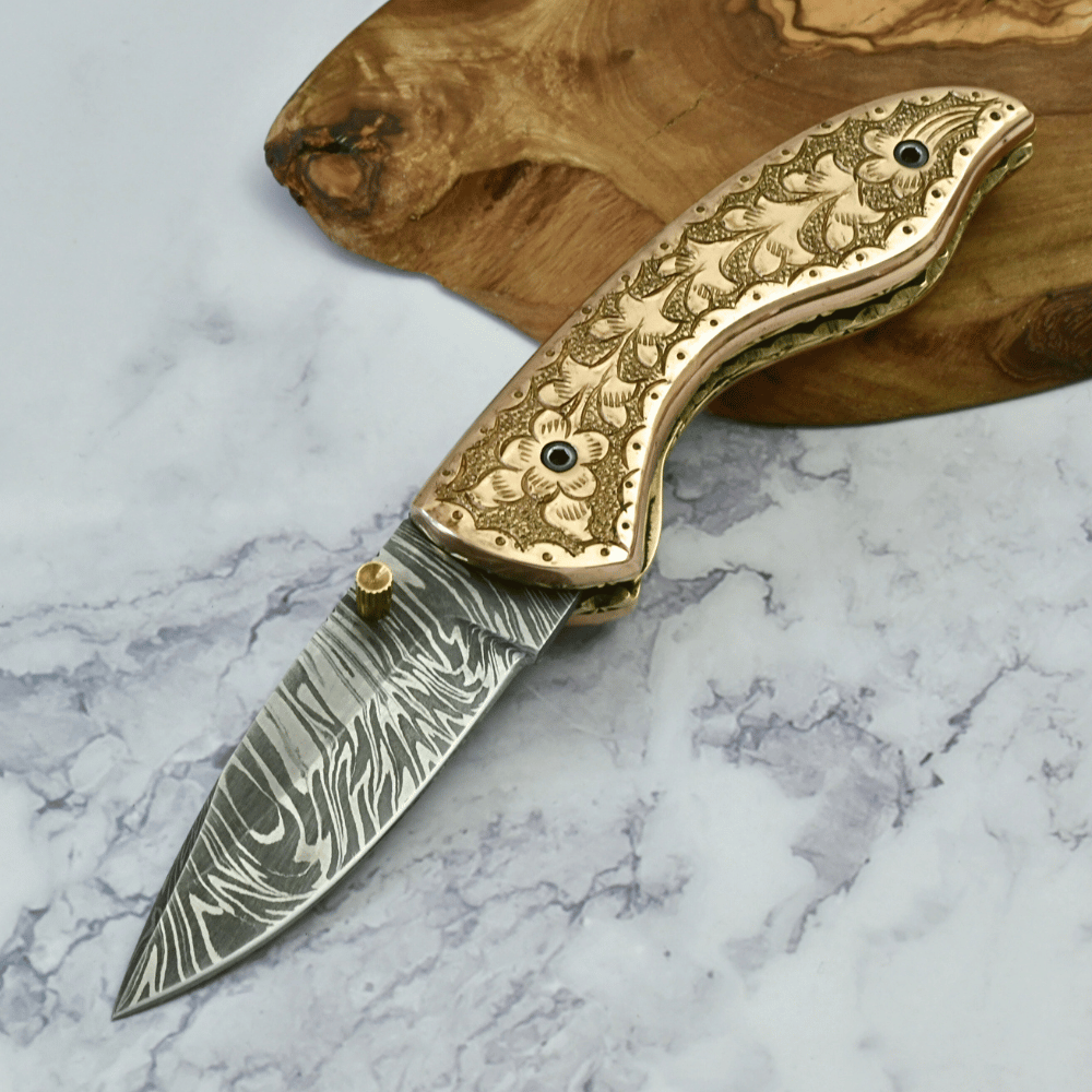 Utility Knife - Pixel Copper Damascus Pocket Knife with Engraved Copper Handle - Shokunin USA