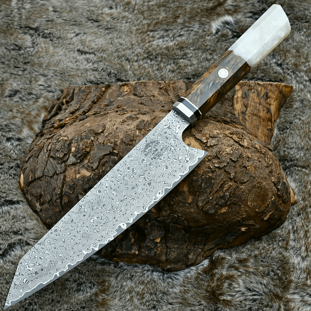 Chef Knife - Aurora VG10 Damascus Steel Knife with Exotic Olive Wood Burl & Mother of Pearl Handle - Shokunin USA