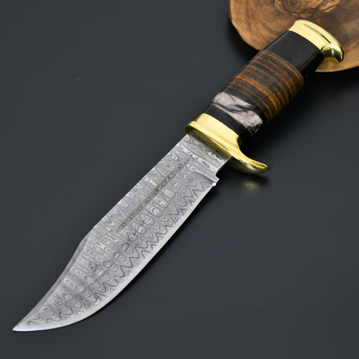 Damascus Knife - Darkstar Bowie Knife with Bull Horn & Stacked Leather Composite Handle - Shokunin USA