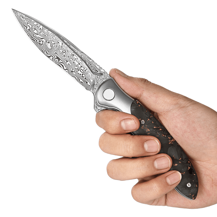 Damascus Knife - Raven VG10 Ultralight Folding Pocket Knife with Titanium & Carbon Fiber Handle - Shokunin USA