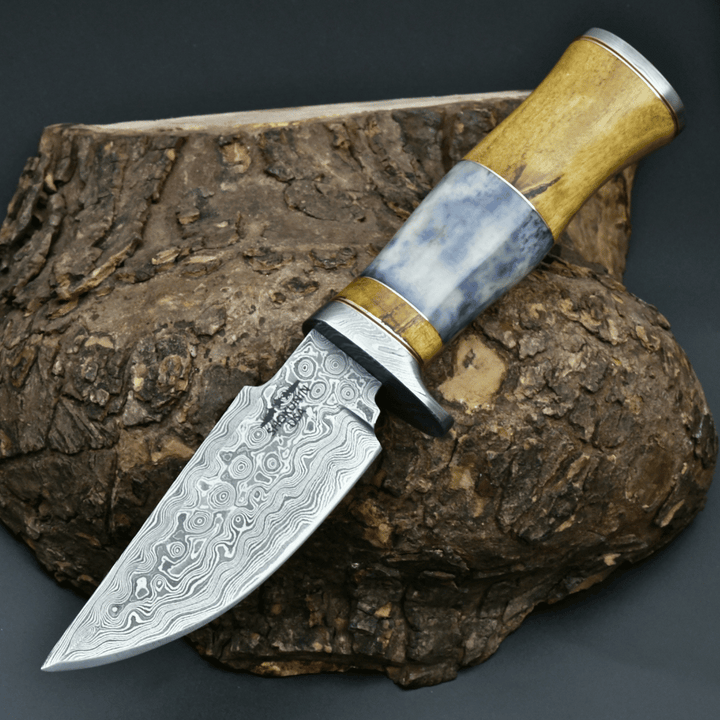 Damascus Knife - Legion Damascus Hunting Knife with Exotic Yellow Heart & Bone Handle - Shokunin USA