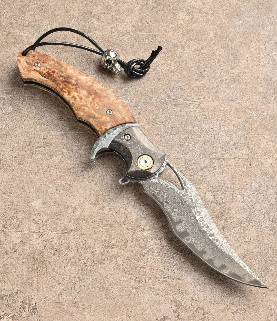 Damascus Blue - Crest Japanese Damascus Pocket knife with Maple Burl Handle - Shokunin USA