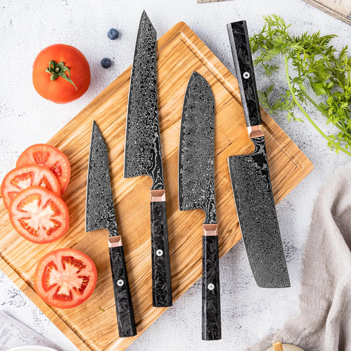 Chef Knife Set - Raven Japanese Knife VG-10 Damascus Steel With Carbon Fiber Handle - Shokunin USA